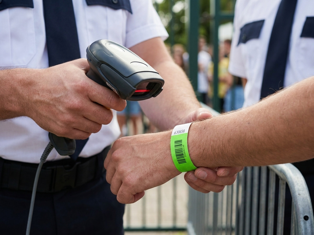 Sigurnosni agent skenira barkod Tyvek narukvice na kontroli pristupa festivala na otvorenom, s laserskim skenerom u ruci