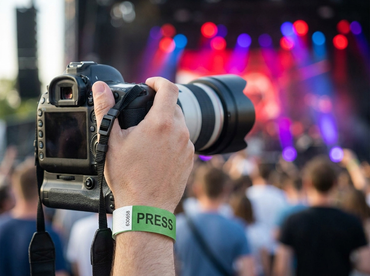 Fotograf u foto pitu s personaliziranom press narukvicama na koncertu