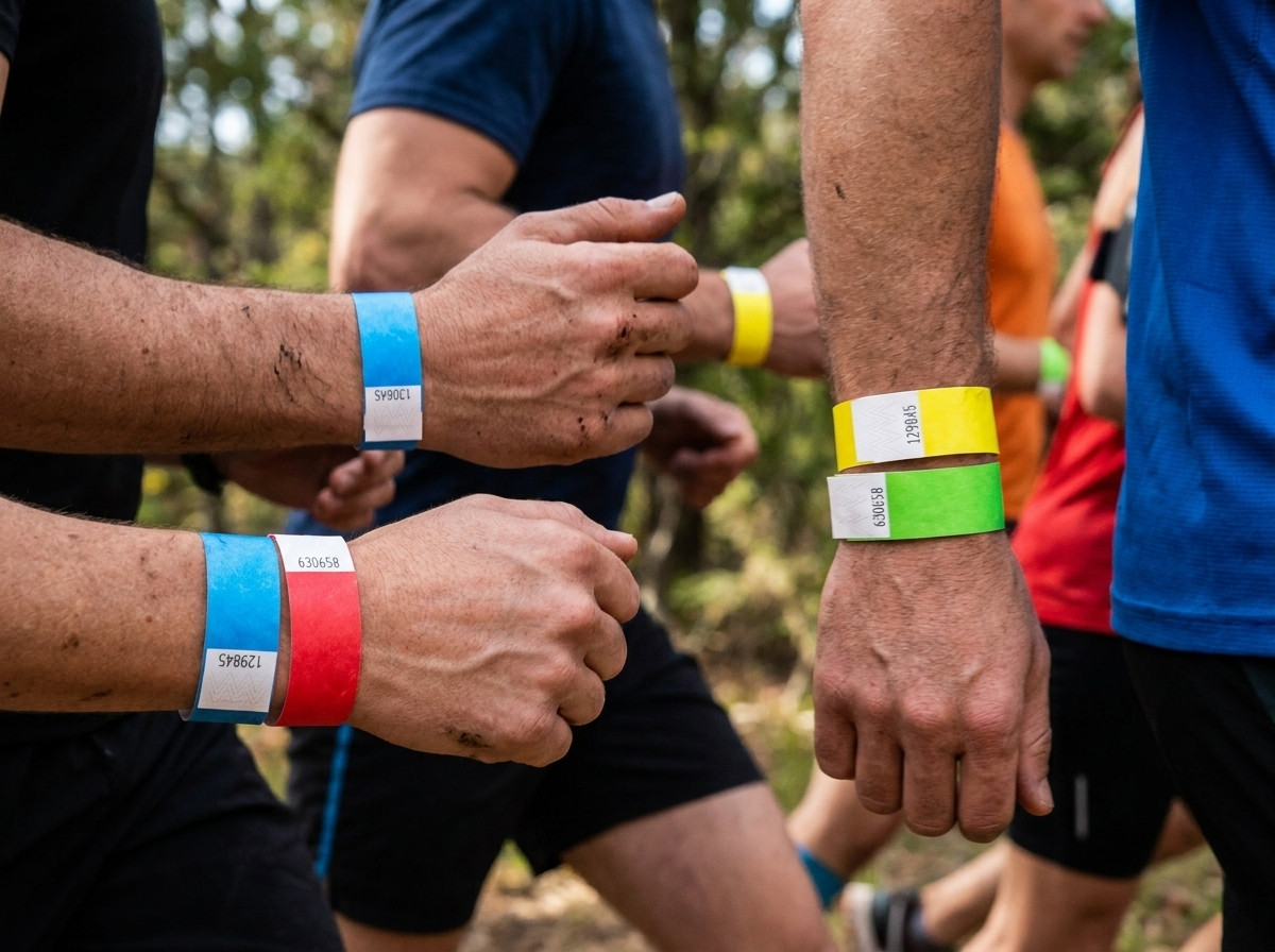 Trkači s obojenim Tyvek narukvicama na maratonu, uz volontere na punktu za osvježenje koji provjeravaju kategorijske boje