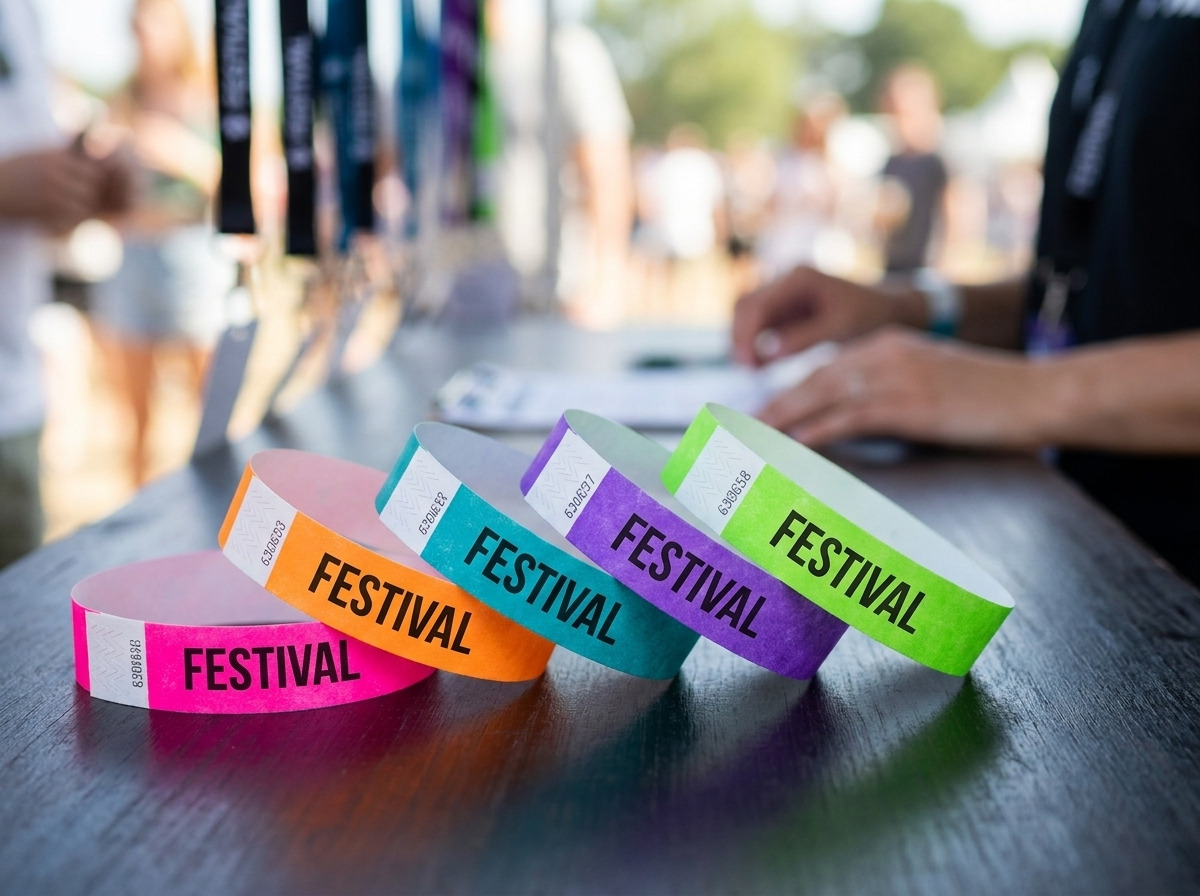 Personalizirane festivalske narukvice od Tyveka u više boja s HD tiskom i sigurnosnim zatvaračem protiv prijenosa, položene na stol upravljačke sobe događanja