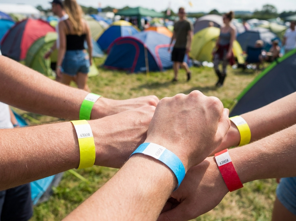 Narukvice za identifikaciju u bojama nošene od strane posjetitelja festivala ispred kampa na otvorenom s šatorima u pozadini