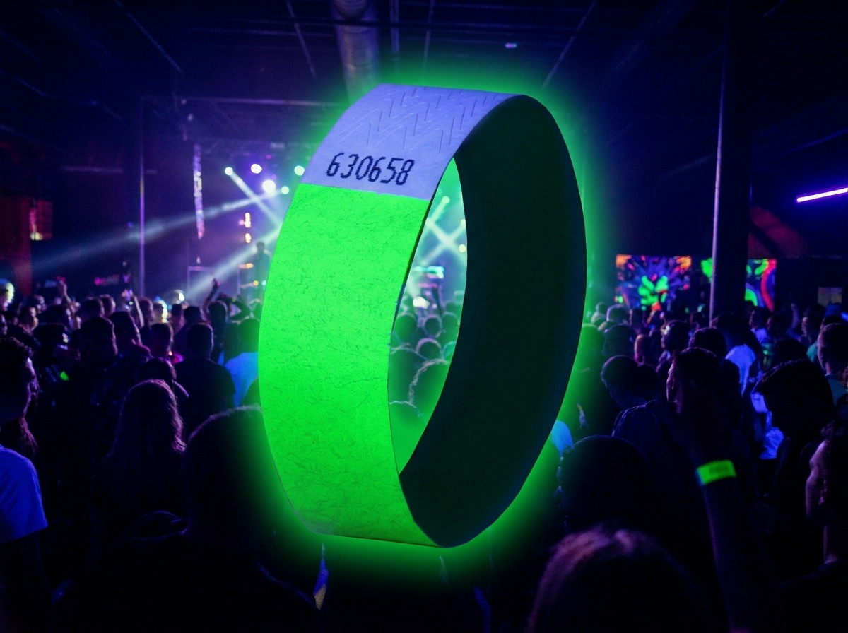 Fluo Tyvek narukvice za elektro festival pod crnim svjetlom, s logotipom i QR kodom ispisanim u visokoj razlučivosti