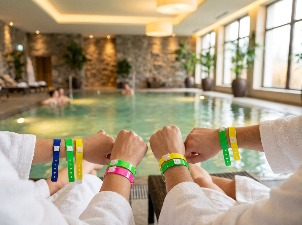 Narukvice od vinila u bojama nošene na zapešću klijenata u hotelskom spa prostoru s unutarnjim bazenom i prigušenim svjetlima