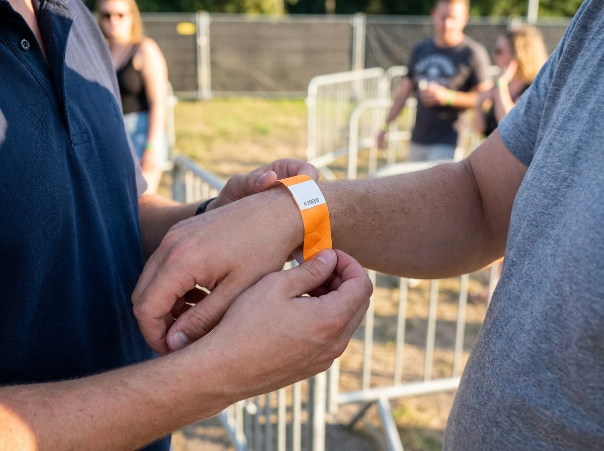 Osoblje recepcije festivala stavlja numeriranu identifikacijsku narukvicu na zapešće sudionika na ulazu