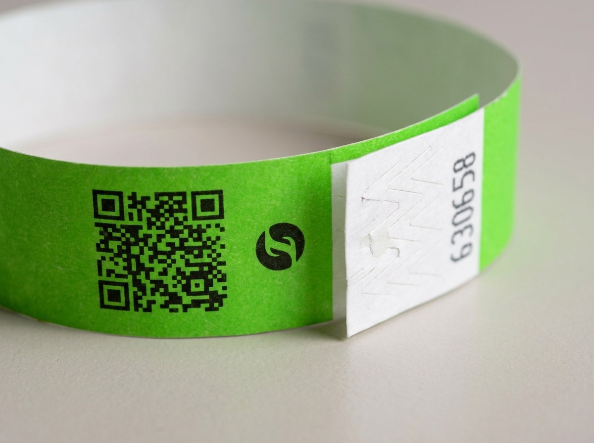 Krupni plan identifikacijske narukvice s QR kodom i logotipom otisnutima u visokoj rezoluciji