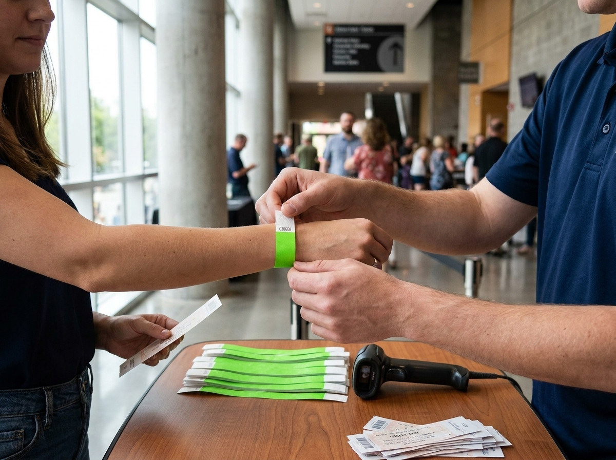 Stol za kontrolu pristupa na festivalu s Tyvek narukvicama s QR kodom naslaganima spremnima za distribuciju i agentom koji skenira zapešće sudionika telefonom