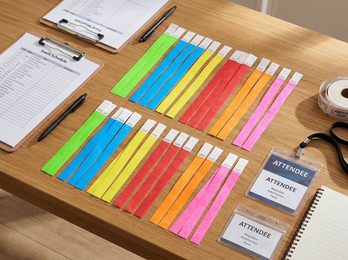 Opći prikaz kontrole pristupa na ulazu u veliki festival s agentima koji provjeravaju obojene Tyvek narukvice na zapešćima sudionika