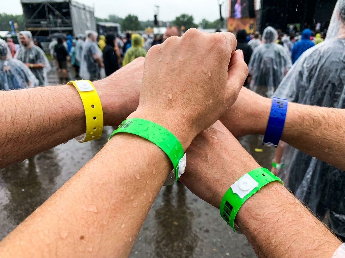 Šarene vinilne PVC narukvice nošene na zapešću tijekom višednevnog festivala na kiši